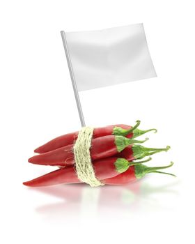 Healthy and organic food concept. Fresh red hot chili pepper with flag showing the benefits or the price of fruits.