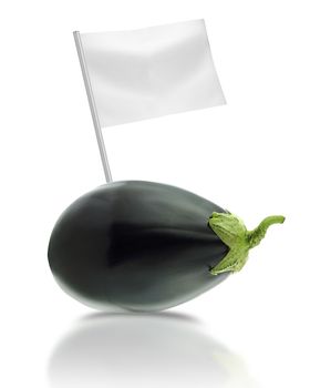 Healthy and organic food concept. Fresh eggplants with flag showing the benefits or the price of fruits.