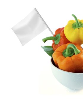 Healthy and organic food concept. Fresh colorful sweet bell pepper with flag showing the benefits or the price of fruits.