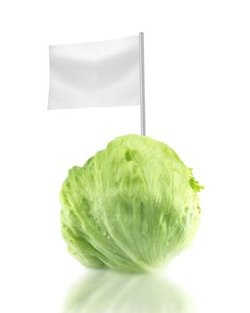 Healthy and organic food concept. Fresh Green Iceberg lettuce with flag showing the benefits or the price of fruits.