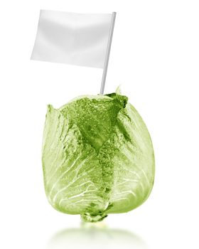 Healthy and organic food concept. Fresh green cabbage with flag showing the benefits or the price of fruits.