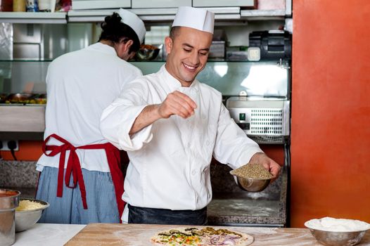 Male chefs working in kitchen, back-office shot