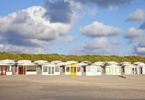 View at Dutch beach houses with cloudy sky