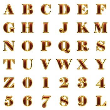 golden alphabet with red wood on white