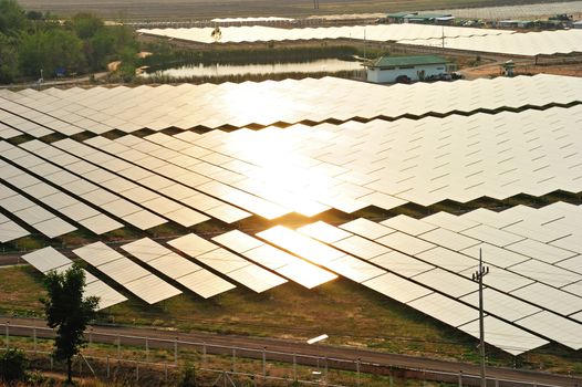 Aerial photo of solar power plant reflected sunlight from sunset.