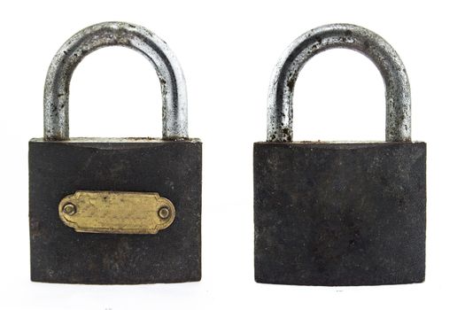 old metal padlock on white background.