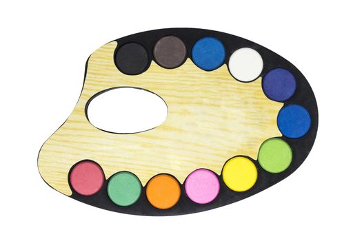 Plastic art palette with paint isolated on white