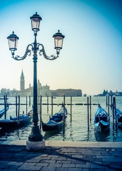 Retro Style Photo Of Gondolas In Venice With Giorgio Maggiore Church