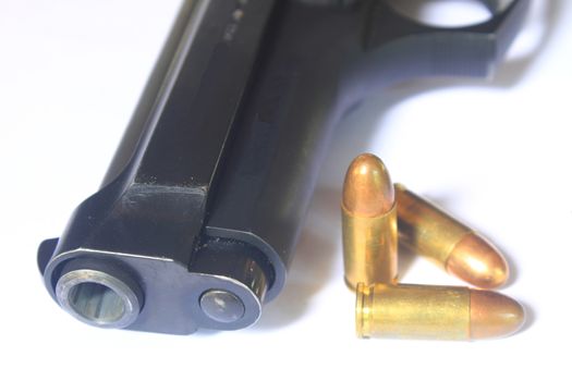 close up Gun with ammunition on white background
