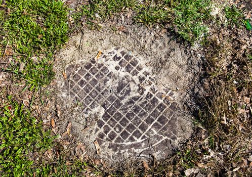 Manhole with metal cover sunk into the ground and grass.