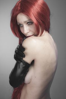 Sensuality, Female, redhead woman with black latex gloves, bare