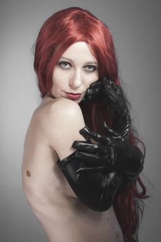 Luxury, Female, redhead woman with black latex gloves, bare