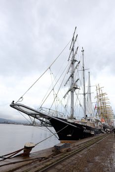 VARNA, BULGARIA-  APRIL 30 2014: SCF Black Sea Tall Ships Regatta. Barquentine "Running on waves" flying under the Maltese flag