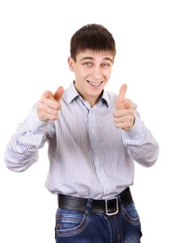 Cheerful Teenager pointing at You on the White Background