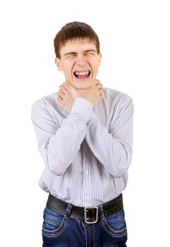 Nervous Teenager strangle himself Isolated on the White Background