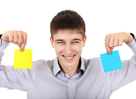 Cheerful Teenager with two little Papers Isolated on the White Background