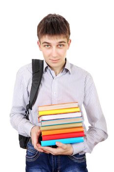 Student with Knapsack Holding the Books Isolated on the White Background