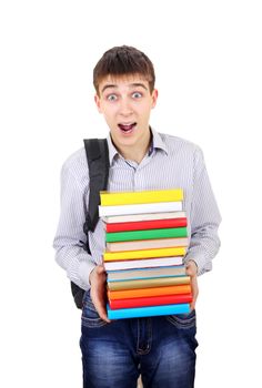 Surprised Student with Knapsack Holding the Books Isolated on the White Background