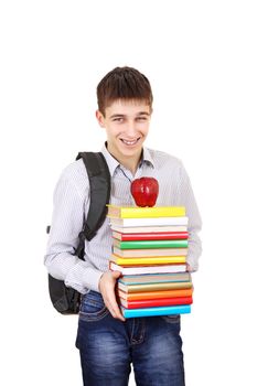 Happy Student with Knapsack Holding the Books Isolated on the White Background