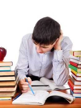 Tired Student at the School Desk Isolated on the White Background