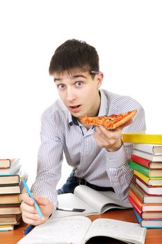 Hungry Student with Pizza working for Exam on the White Background