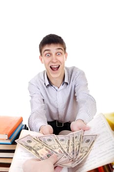 Glad Teenager get a Money at the School Desk on the white background