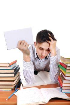 Weary Student with the Book on the Hand at the School Desk Isolated On the White