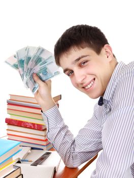 Happy Student with Russian Currency at the School Desk on the white background