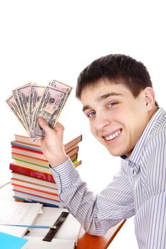 Happy Student with a Money at the School Desk on the white background