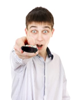 Surprised Teenager with Remote Control on the White Background