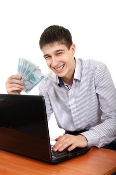 Successful Teenager with Laptop and Russian Currency Isolated on the White Background