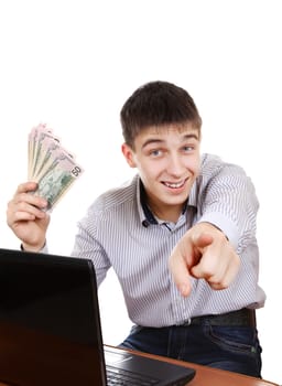 Happy Teenager with Laptop and Money pointing at You on the White Background