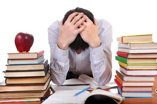 Sad and Tired Student at the School Desk on the white background