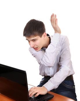 Busy Teenager with Laptop and wave away gesture Isolated on the White