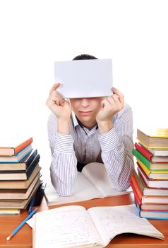 Weary Student with the Book on the Hand at the School Desk Isolated On the White