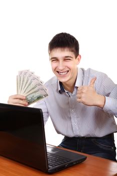 Happy Teenager with Laptop and Money Isolated on the White Background