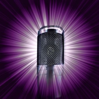 Microphone on abstract purple sunburst background