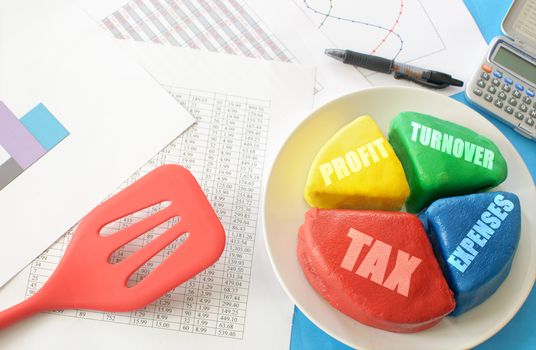 Pie divided into cake slices representing the financial make up of a business 