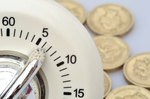 Close up of timer with coins