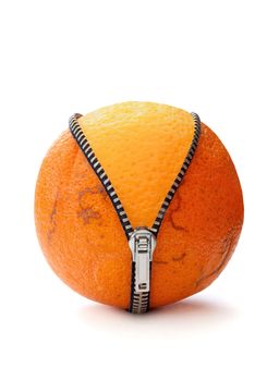 Zipped orange with skin flaws revealing fresh fruit peel underneath
