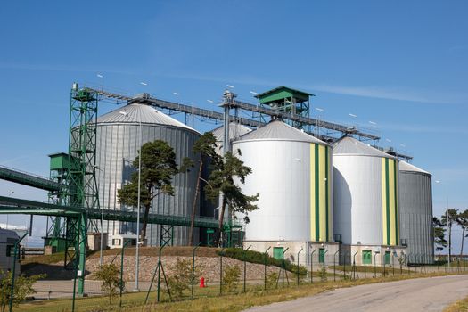 Multiple white biofuel tanks with green and yellow stripes