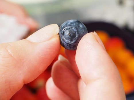 Female person holding up a moist blueberry between fingers, assorted colors in the background