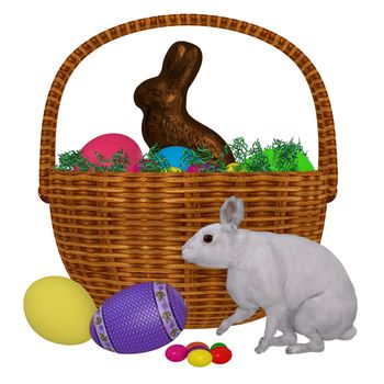 A basket full of colored eggs and candy with a white bunny symbolizes the Easter holiday.