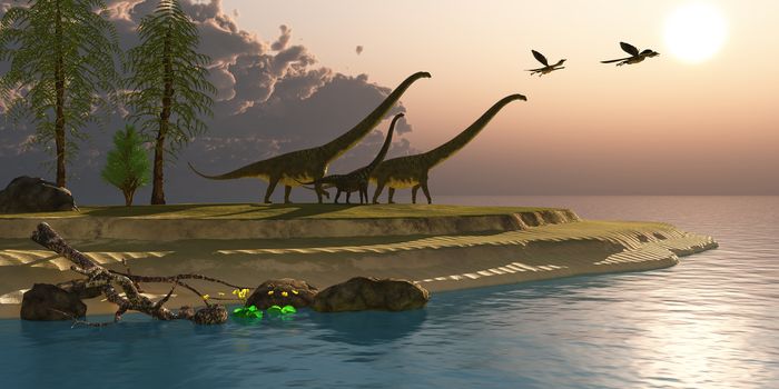 Mamenchisaurus dinosaurs walk to a lake for a morning drink as Microraptors fly overhead.