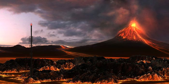 An active volcano spews out billowing smoke and rivers of red hot lava.