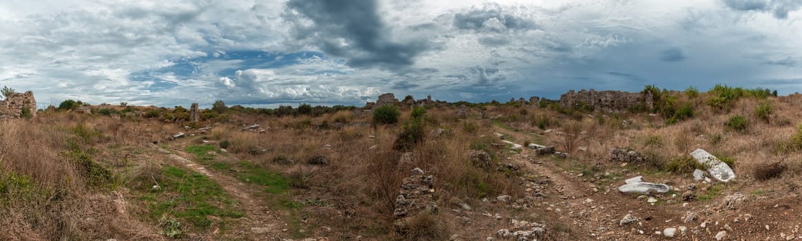 The ruins of the ancient city wall in Side, Turkey