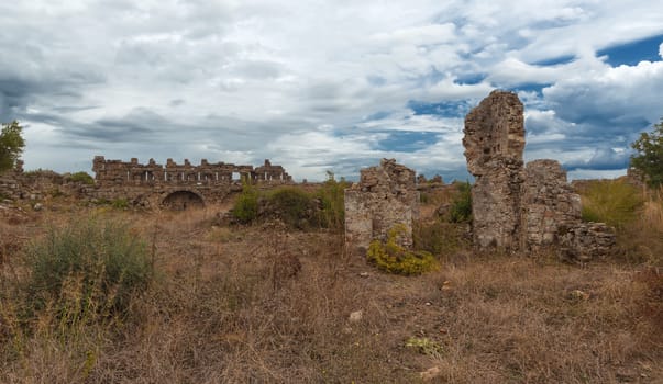 The ruins of the ancient city wall in Side, Turkey