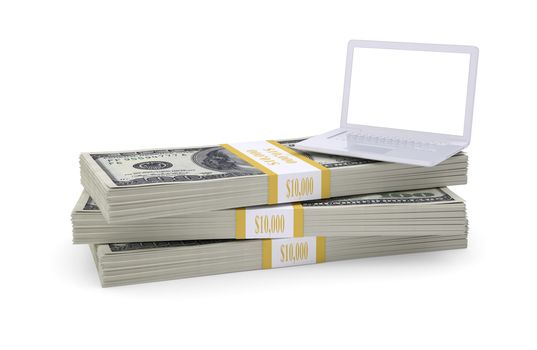 Laptop stand on pack of dollars. White background