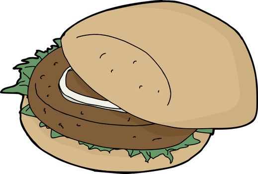 Isolated single burger with onion and lettuce