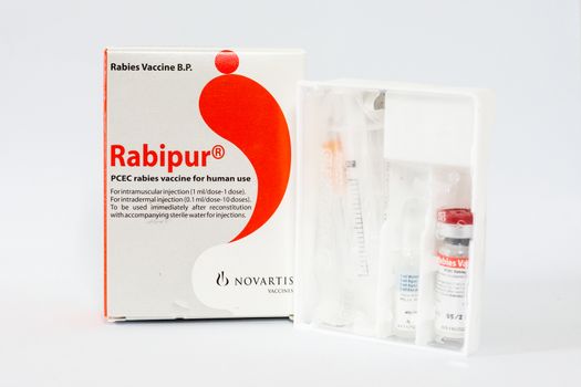 another package of rabies PCEC vaccine (RABIPUR) from SANOFI PASTEUR,shallow focus